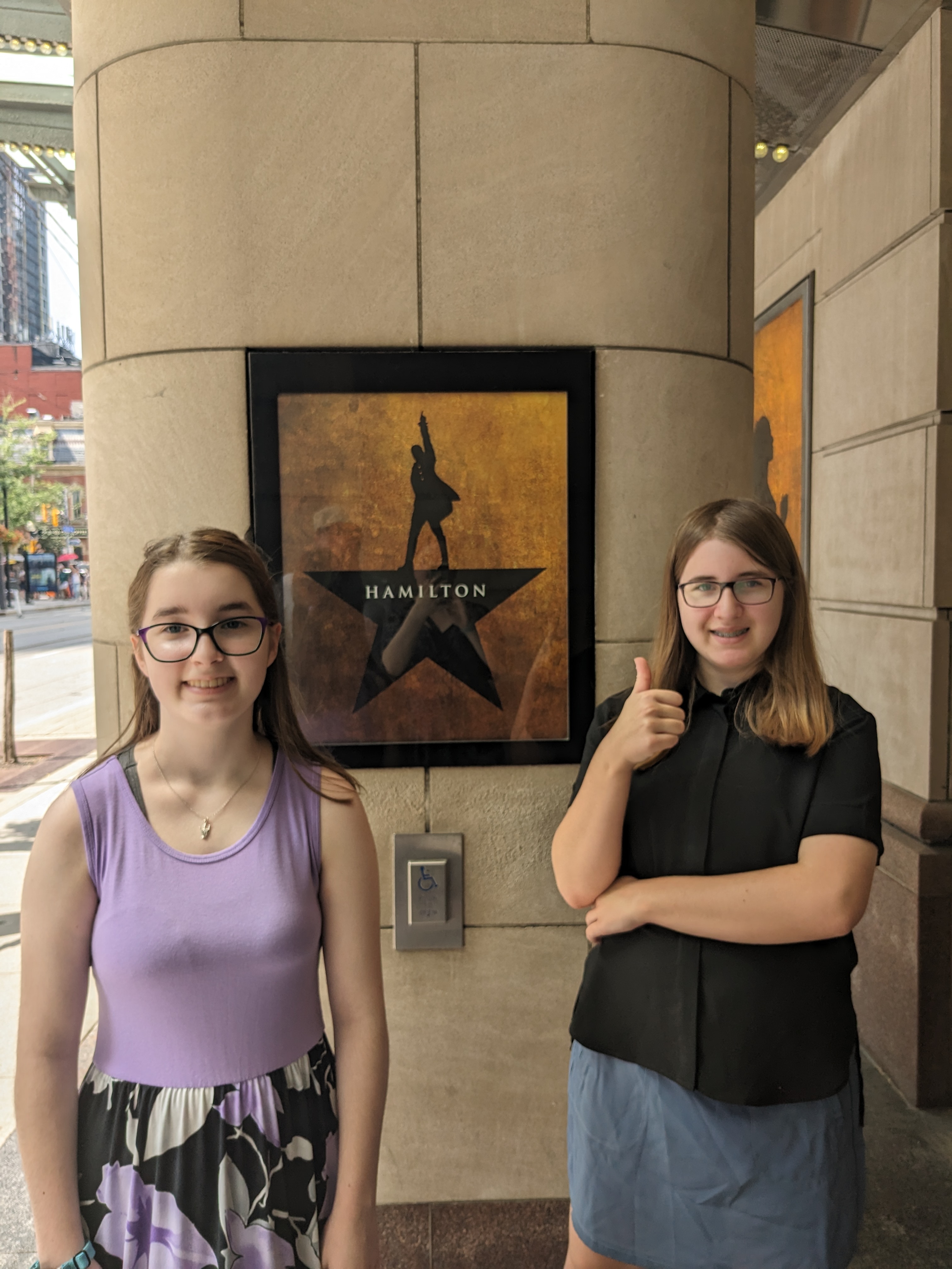 Natalie and Kaitlyn outside the Hamilton musical in Toronto